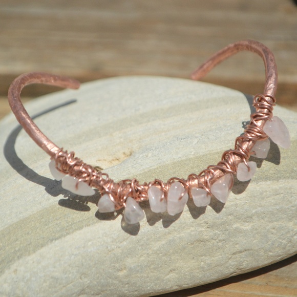 Rose Quartz Copper Wire Wrap Cuff Bracelet Bangle Gemstone Natural Reiki Healing - Picture 2 of 8